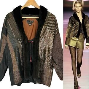 Etro Milano Vintage Runway Real Mink Fur Sequin Embroidered Silk Jacket Sz 46/L